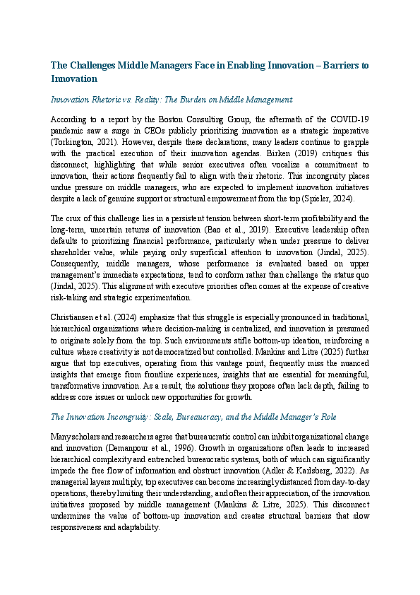 (PDF) The Challenges Middle Managers Face in Enabling Innovation ...
