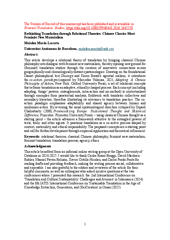 (PDF) Rethinking Translation through Relational Theories: Chinese ...