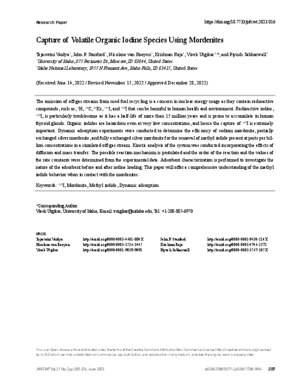 (PDF) Capture of Volatile Organic Iodine Species Using Mordenites