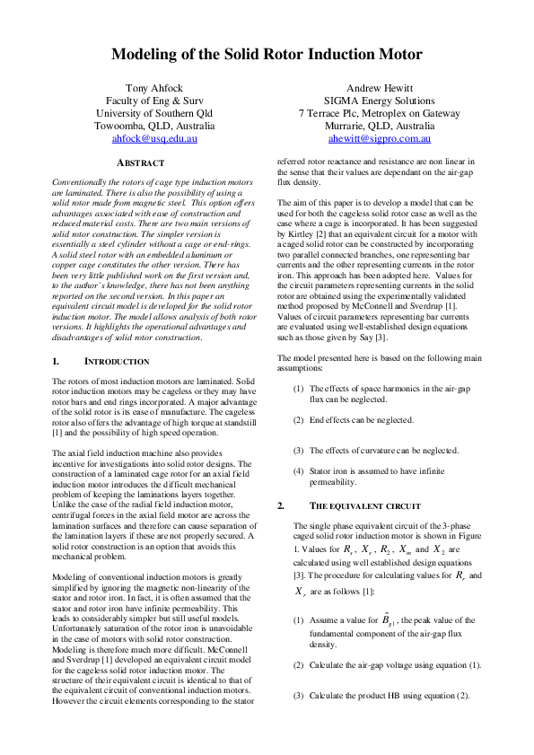(PDF) Modeling of the Solid Rotor Induction Motor