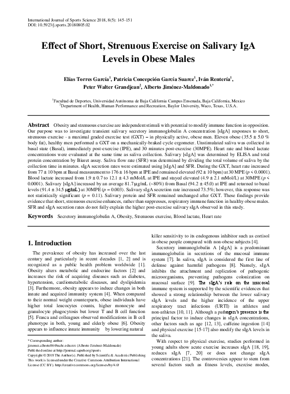 (PDF) Effect of Short, Strenuous Exercise on Salivary IgA Levels in ...