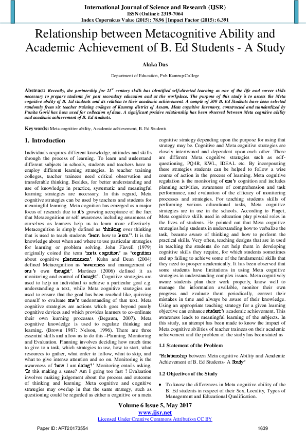 (PDF) Relationship between Metacognitive Ability and Academic ...