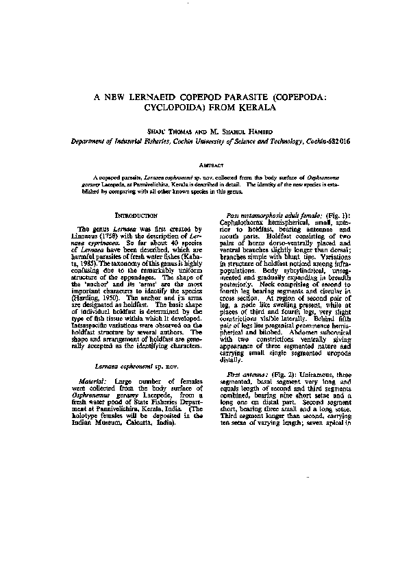 (PDF) A New Lernaeid Copepod Parasite (Copepoda: Cyclopoida) from Kerala