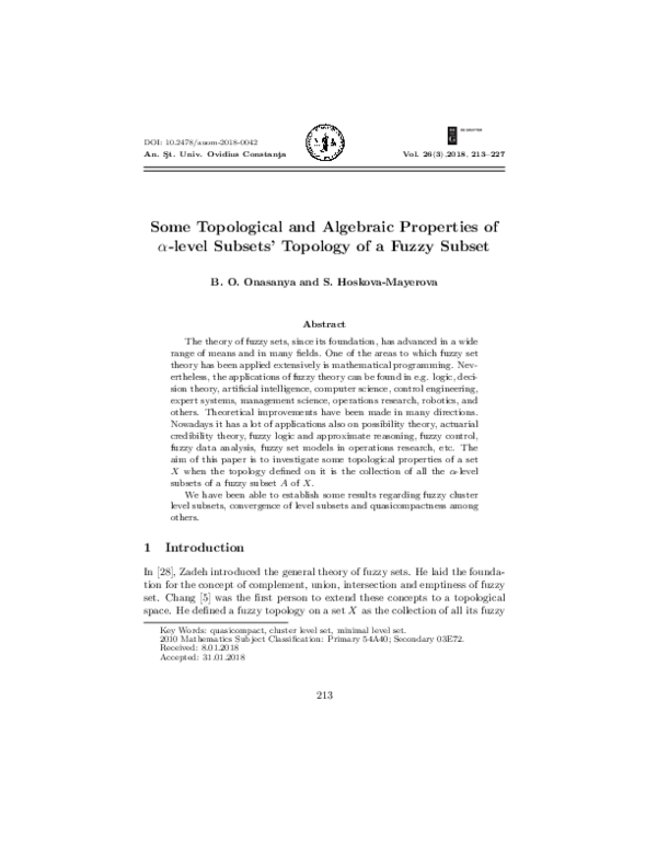 (PDF) Some Topological and Algebraic Properties of α -level Subsets ...