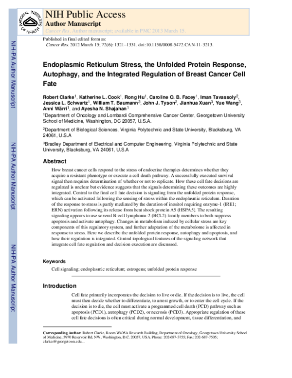 (PDF) Endoplasmic Reticulum Stress, the Unfolded Protein Response ...