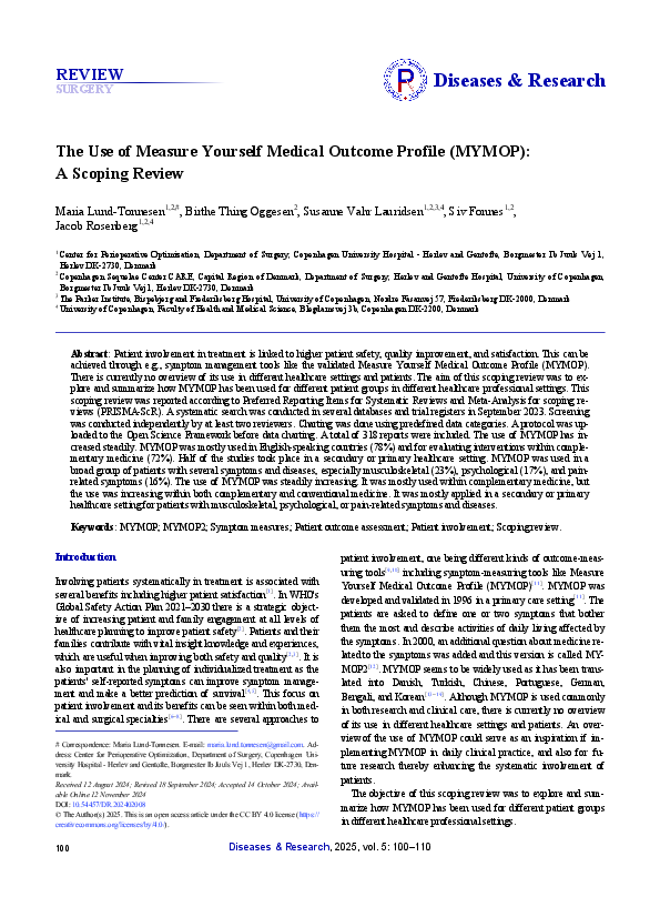(PDF) The Use of Measure Yourself Medical Outcome Profile (MYMOP): A ...