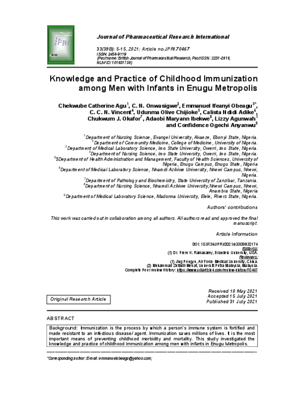 (PDF) Knowledge and Practice of Childhood Immunization among Men with ...