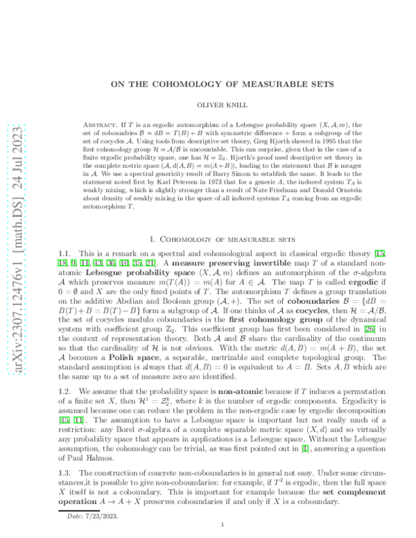 (PDF) On the cohomology of measurable sets