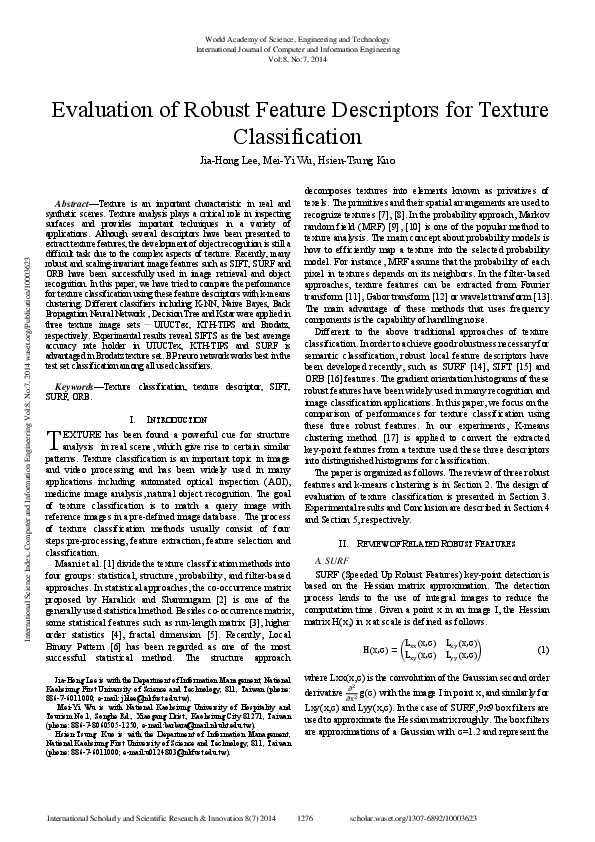 (PDF) Evaluation of Robust Feature Descriptors for Texture Classification