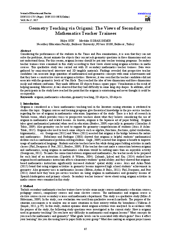 (PDF) Geometry Teaching via Origami: The Views of Secondary Mathematics ...