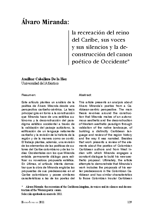 (PDF) Caballero De la hoz, Amilkar. Álvaro Miranda: la recreación del ...
