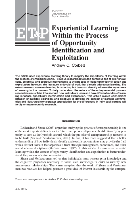 (PDF) Experiential Learning within the Process of Opportunity ...