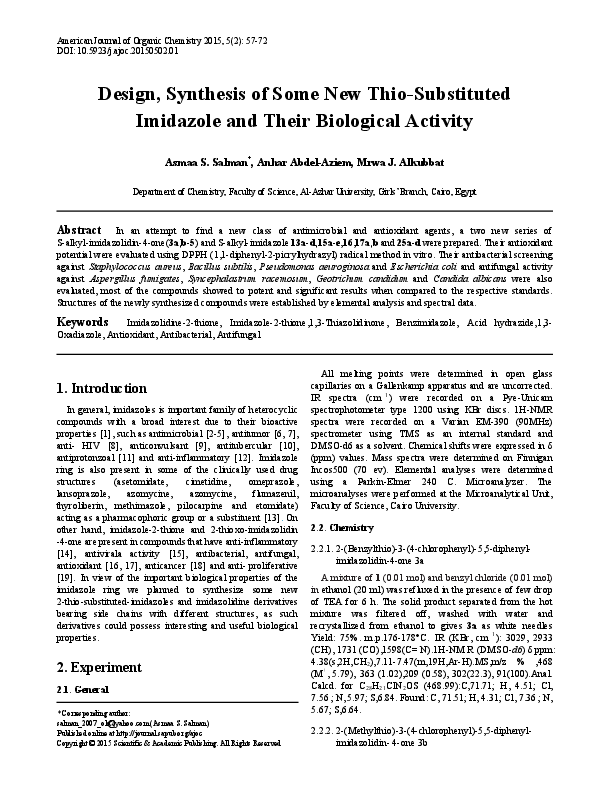(PDF) Design, Synthesis of Some New Thio-Substituted Imidazole and ...