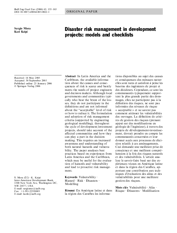 (PDF) Disaster risk management in development projects: models and ...