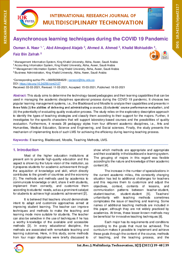 (PDF) Asynchronous learning techniques during the COVID 19 Pandemic