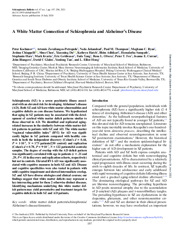 (PDF) A White Matter Connection of Schizophrenia and Alzheimer’s Disease