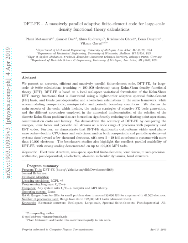 (PDF) DFT-FE – A massively parallel adaptive finite-element code for ...