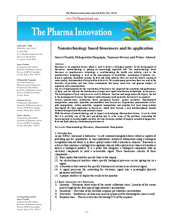 (PDF) Nanotechnology based biosensors and its application