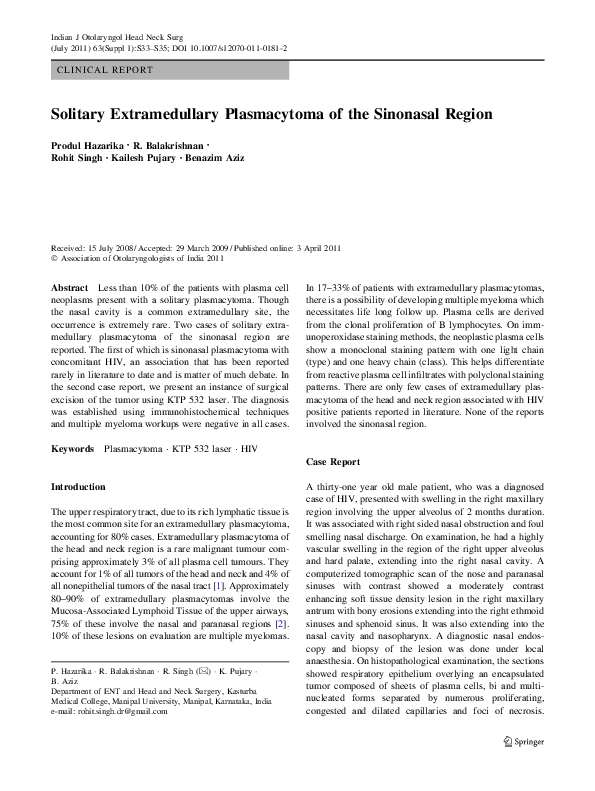 (PDF) Solitary extramedullary plasmacytoma of the sinonasal region