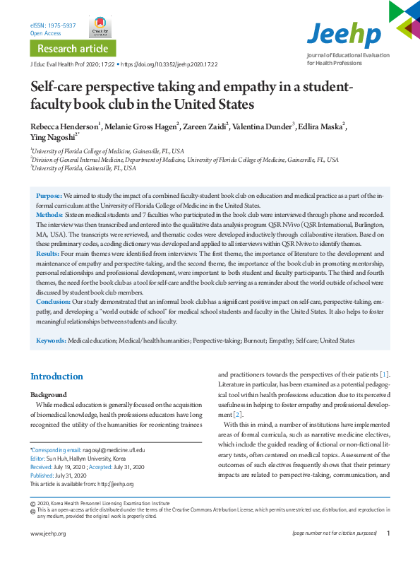 (PDF) Self-care perspective taking and empathy in a student-faculty ...