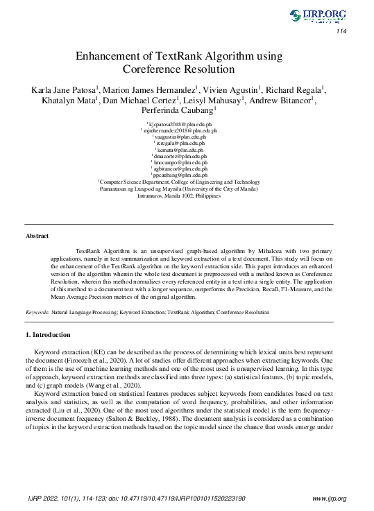 (PDF) Enhancement of TextRank Algorithm using Coreference Resolution