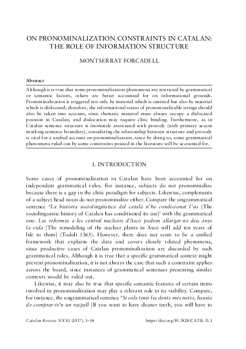 (PDF) On Pronominalization Constraints in Catalan: The Role of ...