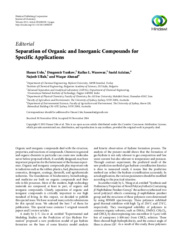 (PDF) Separation of Organic and Inorganic Compounds for Specific ...