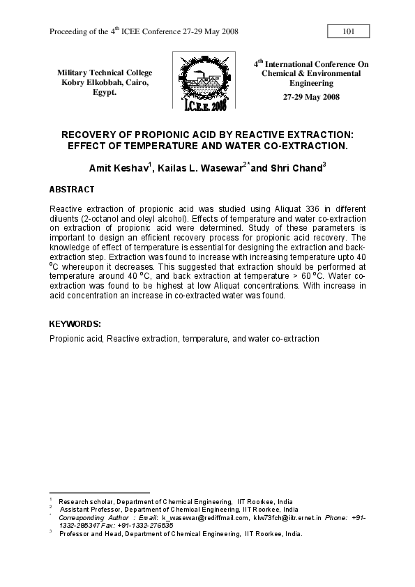 (PDF) Recovery of Propionic Acid by Reactive Extraction: Effect of ...