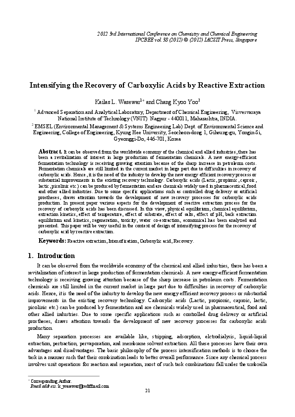 (PDF) Intensifying the Recovery of Carboxylic Acids by Reactive Extraction