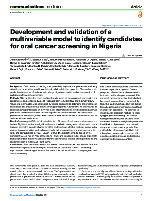(PDF) Development and validation of a multivariable model to identify ...