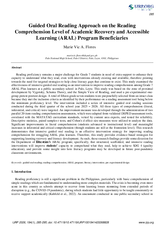 (PDF) Guided Oral Reading Approach on the Reading Comprehension Level ...