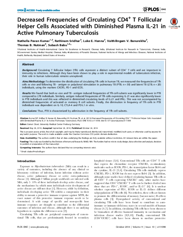 (PDF) Decreased frequencies of circulating CD4⁺ T follicular helper ...