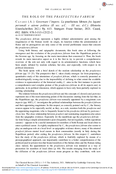 (PDF) THE ROLE OF THE PRAEFECTURA FABRUM - (A.) Cafaro Governare l ...
