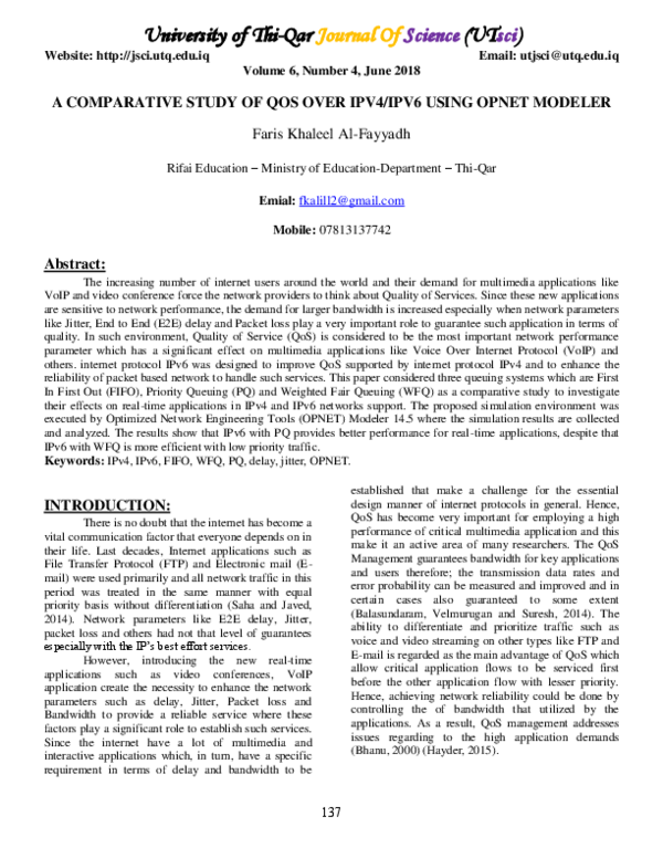 (PDF) A Comparative Study of Qos Over IPV4/IPV6 Using Opnet Modeler