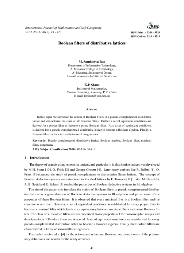 (PDF) Boolean Filters of Distributive Lattices