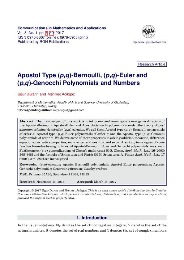 (PDF) Apostol Type \((p, q)\)-Bernoulli, \((p, q)\)-Euler and \((p, q ...