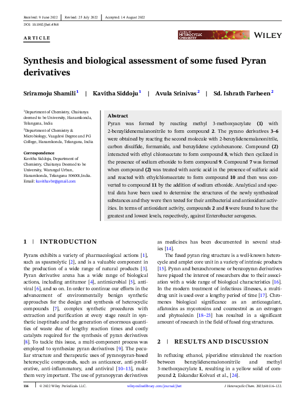 (PDF) Synthesis and biological assessment of some fused Pyran derivatives