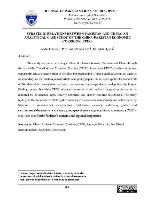 (PDF) STRATEGIC RELATIONS BETWEEN PAKISTAN AND CHINA: AN ANALYTICAL ...