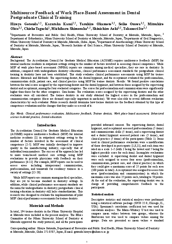 (PDF) Multisource Feedback of Work Place-Based Assessment in Dental ...
