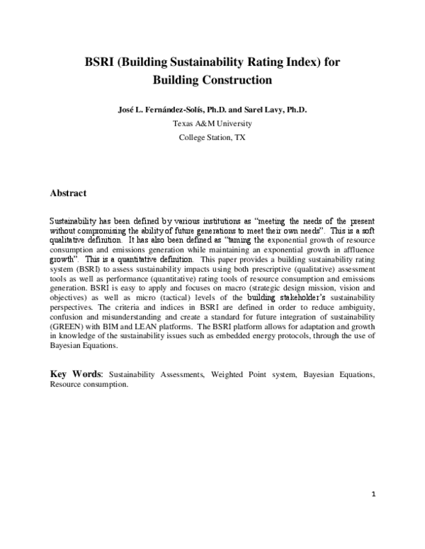 (PDF) BSRI (Building Sustainability Rating Index) for Building Construction