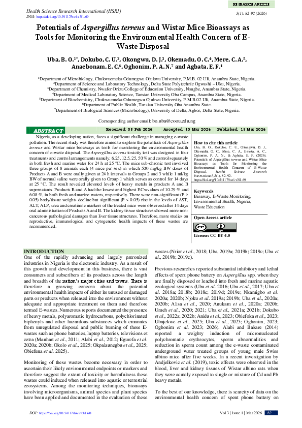(PDF) Potential of aspergillus terreus and wistar mice bioassays as ...