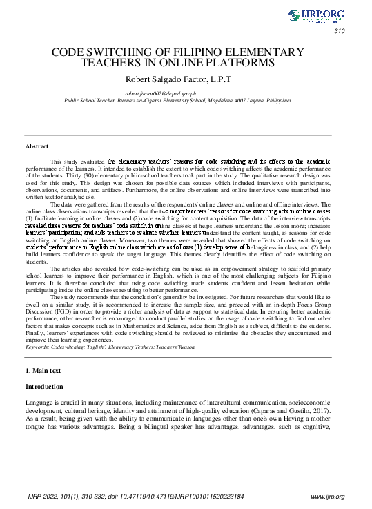 (PDF) CODE SWITCHING OF FILIPINO ELEMENTARY TEACHERS IN ONLINE PLATFORMS