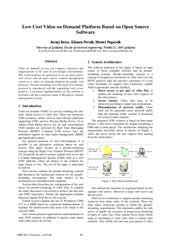(PDF) Low Cost Video on Demand Platform Based on Open Source Software