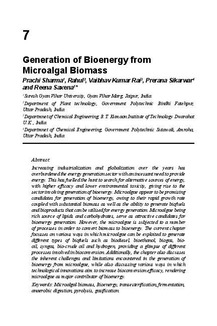 (PDF) Generation of Bioenergy from Microalgal Biomass