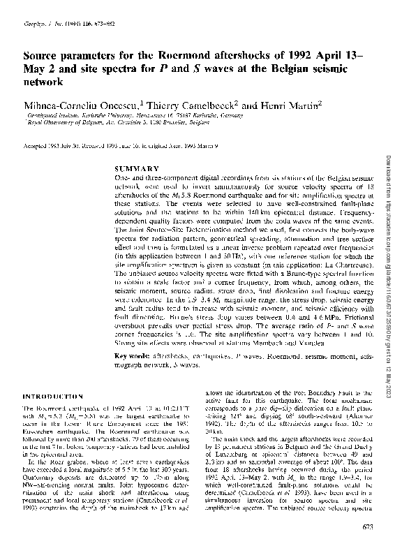 (PDF) Source parameters for the Roermond aftershocks of 1992 April 13 ...