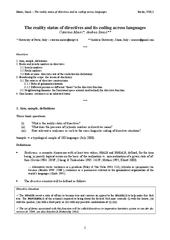 (PDF) The reality status of directives and its coding across languages