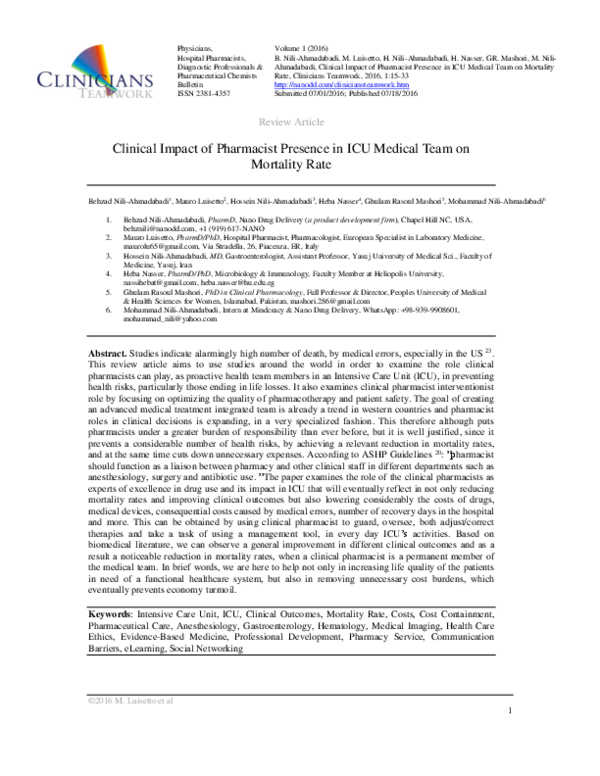 (PDF) Clinical Impact of Pharmacist Presence in ICU Medical Team on ...