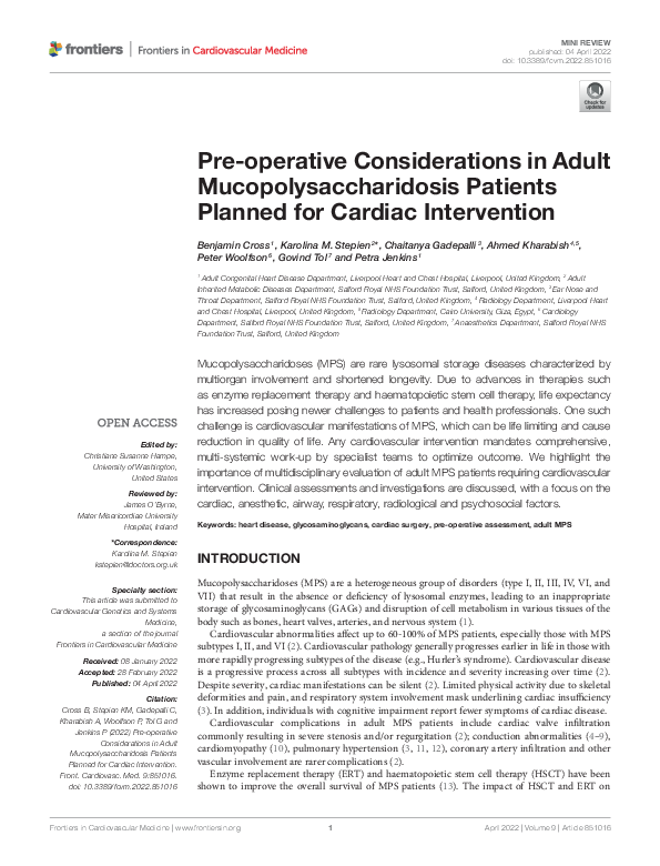 (PDF) Pre-operative Considerations in Adult Mucopolysaccharidosis ...