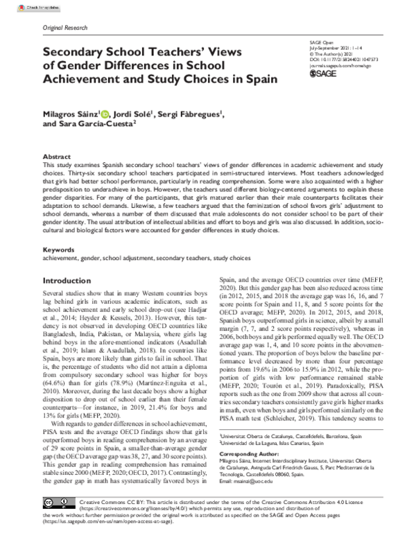 (PDF) Secondary School Teachers’ Views of Gender Differences in School ...