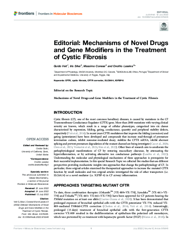 (PDF) Editorial: Mechanisms of Novel Drugs and Gene Modifiers in the ...